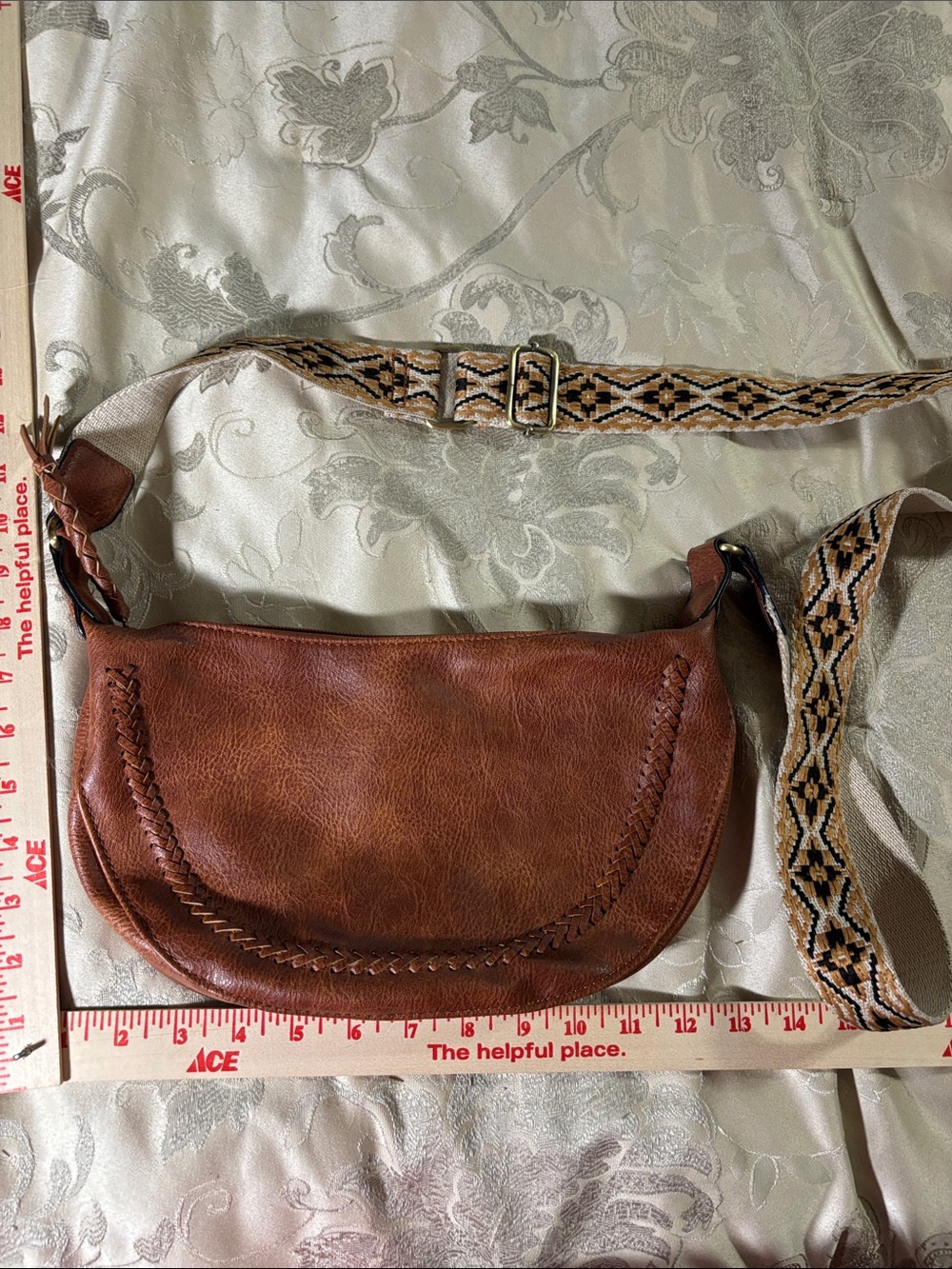 Leather Crossbody Bag with Woven Strap - Brown